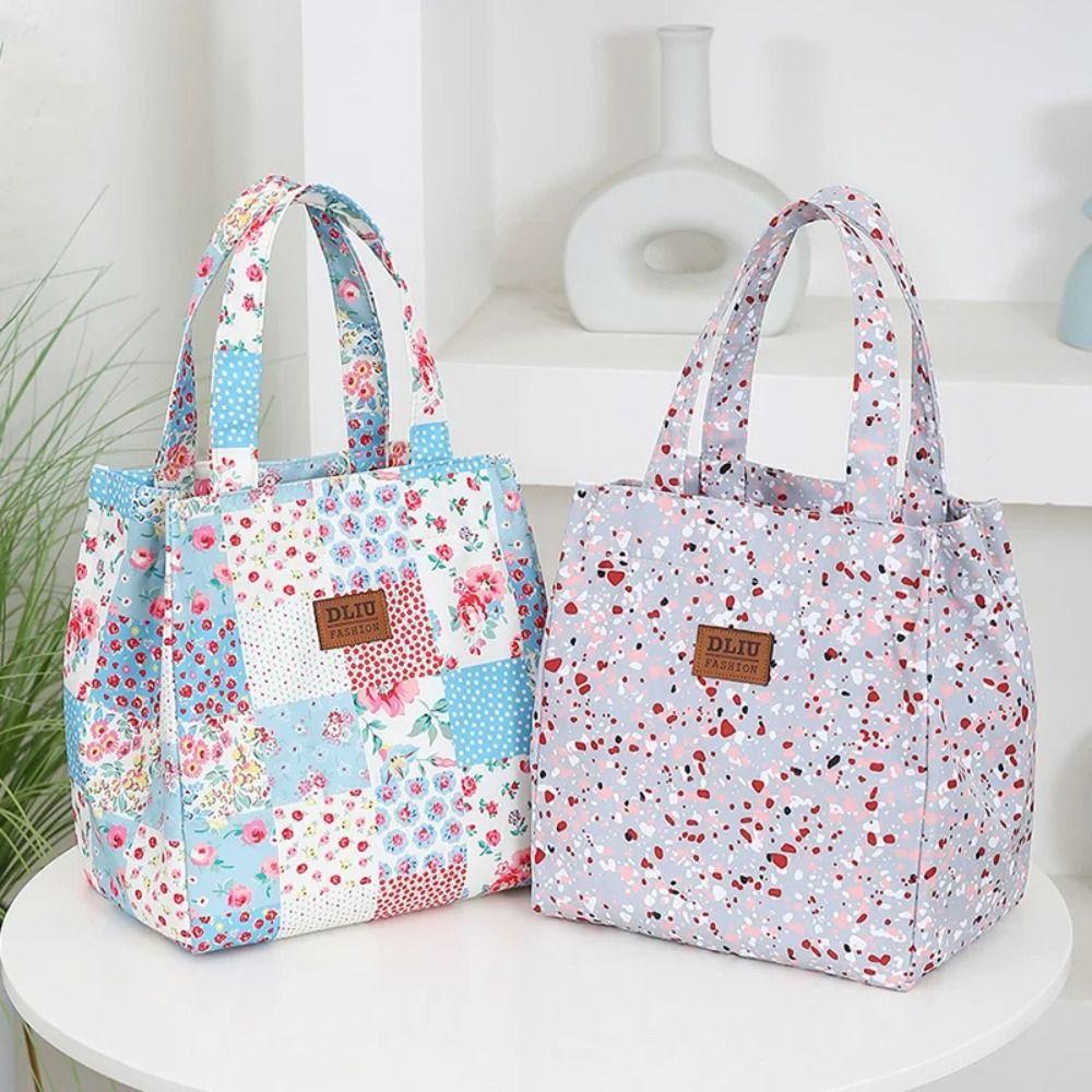 Portable Floral-printed Lunch Box Bag Large Capacity with Zipper Lunch Tote Bag Nylon Picnic Lunchbox Bag