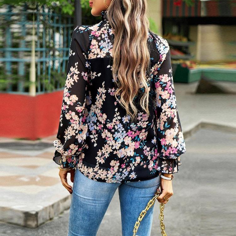 Autumn Women Blouse Floral Half High Neck Sleeve Lantern Tops Temperament Commuter Fashion