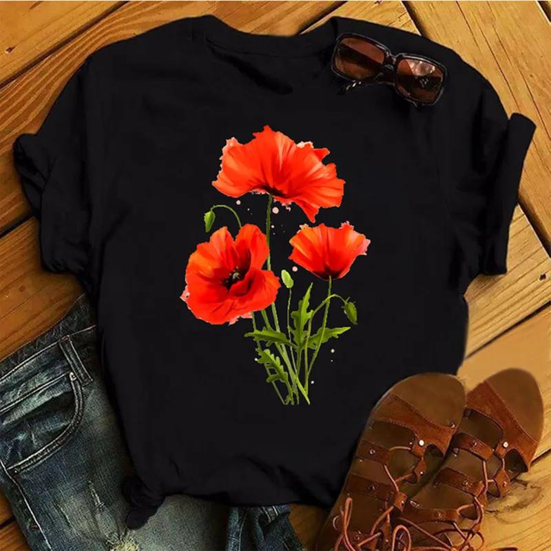 Fashion Red Poppy Women T Shirt Funny Black Printed Tops Tee Female Short Sleeve Tshirt Harajuku Tee Shirts 90s Girls T-shirts