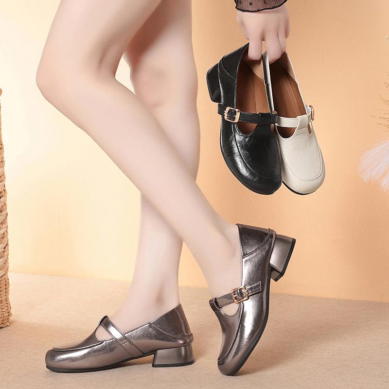 3cm All Match T Buckle Shallow Soft Leather Shoes Mary Janes Fall 2025 Women's Square Heels Shoes for Office Mom Work Daily
