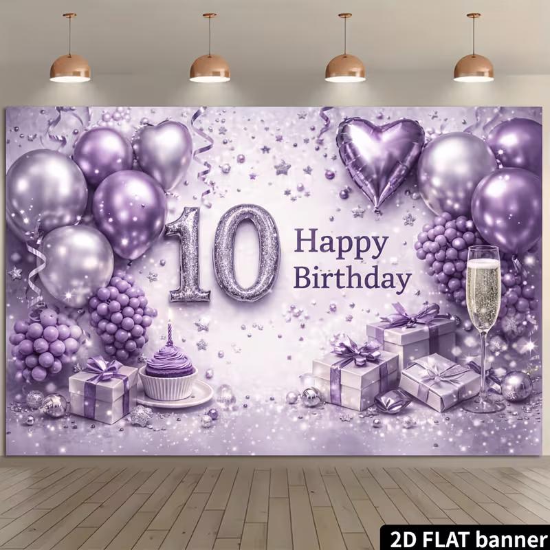 2D 10. Geburtstag Lila Silber Hintergrund Glitzer Ballon Cupcake Foto Banner
