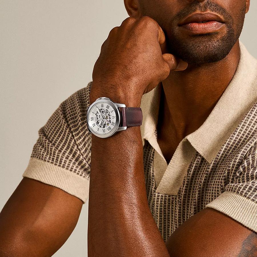 Fossil Montre Automatique pour Homme Grant - Cadran Squelette Blanc, Bracelet en Cuir Marron, Cadeau Décontracté Rétro ME3099