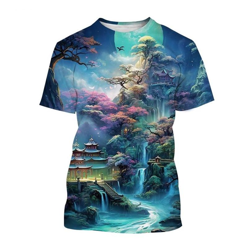 Landscape 3D Printed T-shirt Scenery Painting Art T Shirt For Men Fashion Round Neck Short-sleeved Casual Summer Tees Tops