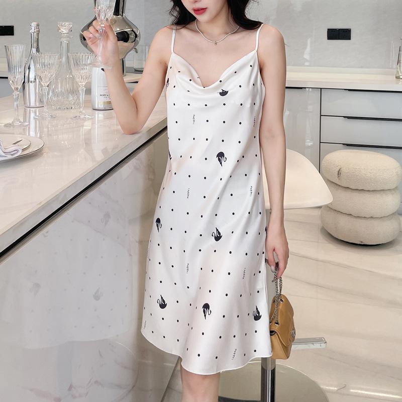 Women's summer ice silk suspender nightgown thin spring and autumn silk sexy pajamas loungewear