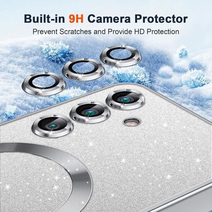 Coque + 2 Verres Trempés pour Samsung Galaxy S25, avec Cercle Magnétique Protection Caméra - Argenté Scintillant