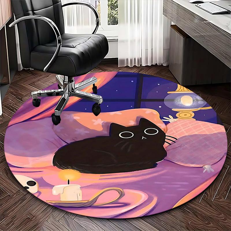 1pc Anime Design Black Cat Round Carpet Office Chair Mat, Non Slip Rug for Home Decor, Gift, Office, Living Room, Bedroom