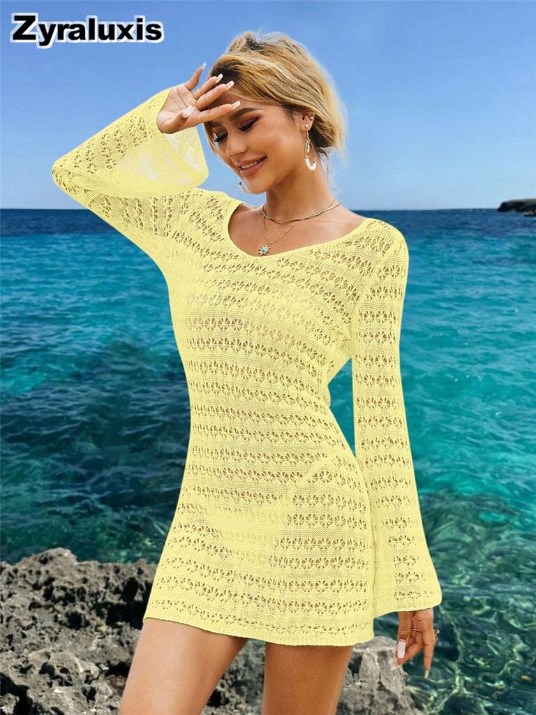 Women's Summer Lightweight Hollow Out Mesh Long Sleeve Cover Up Knit Dress
