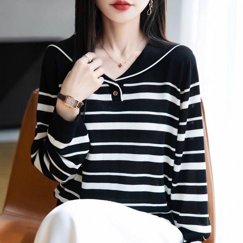 Navy Collar Striped Knitted Sweater Women's Sweater Bottom Shirt Loose Lyocell Lapel Long Sleeve Top Women's