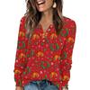 Women's Fashion V-Neck Button-Up T-Shirt With Christmas Print Long-Sleeved Top
