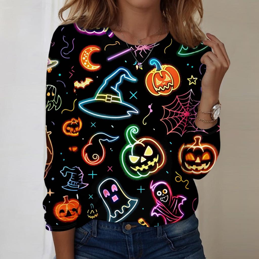Damen Halloween bedrucktes rundhalsiges lockeres langärmeliges Oberteil