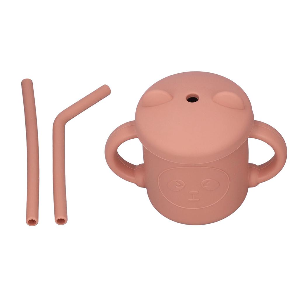 Silicone Baby Cup Drinking Training Two Handles Lid Straw Cartoon Style Food Grade Durable Silicone Toddler Straw CupsOrange
