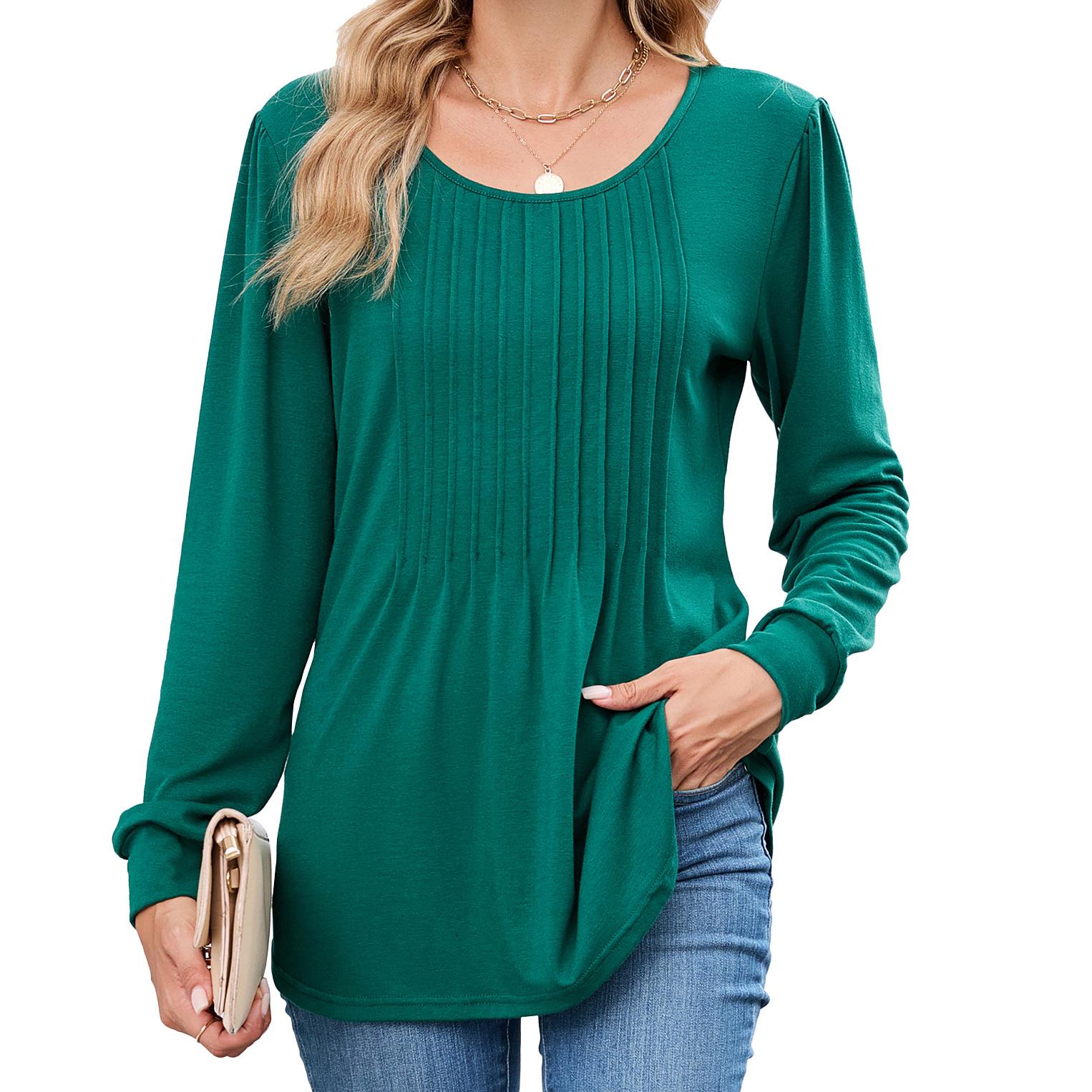 

Новая однотонная полосатая футболка с круглым вырезом и длинными рукавами свободного кроя для женщин на осень и зиму XXL темно-зеленого