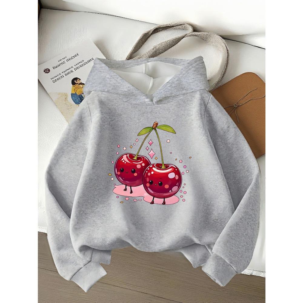 Cartoon Cherry Print Children's Hooded Sweater Cute Girls Casual and Comfortable Long-sleeved Pullover