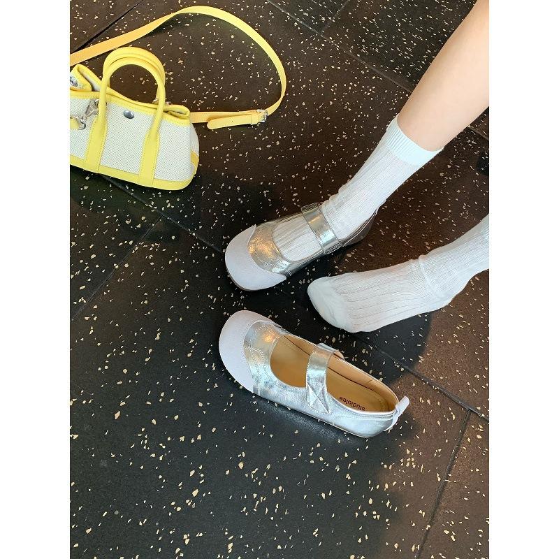 Sheepskin Version~ Grape Mother Same Soft Cute Round Head Versatile Lazy Velcro Word with Mary Jane Shoes Women's Single Shoes