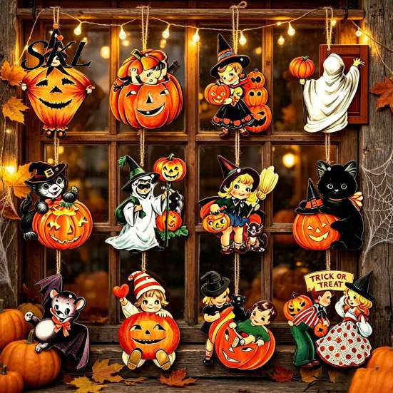 Halloween Wooden Hanging Ornaments Retro Pendants with Lanyard, Vintage Pumpkin Ghost Black Durable Character Cutouts Cat And Bat Designs for