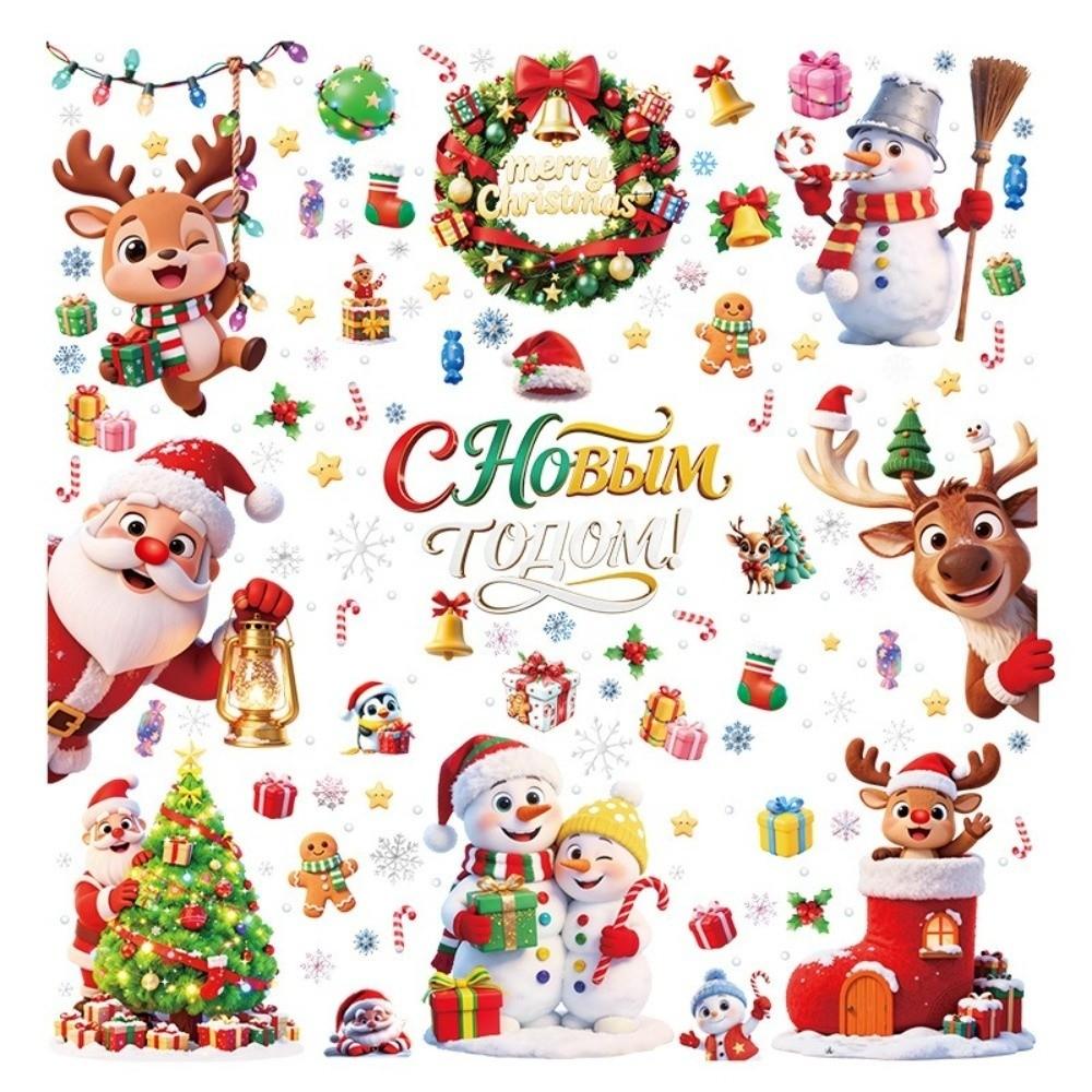 Snowflake Santa Snowman Cartoon Santa Glass Decals Decorative Static Sticker Party Supplies