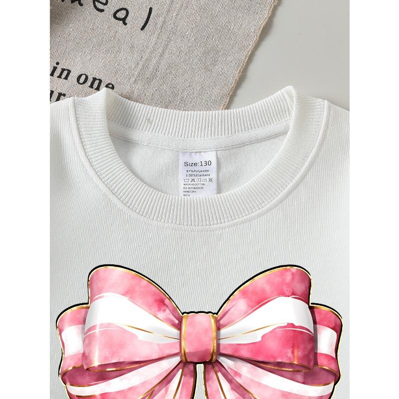 Girls' Crewneck Sweatshirt Pink And White Striped Bow with Golden Machine Washable, Spring And Autumn, Sportswear And Casual Wear