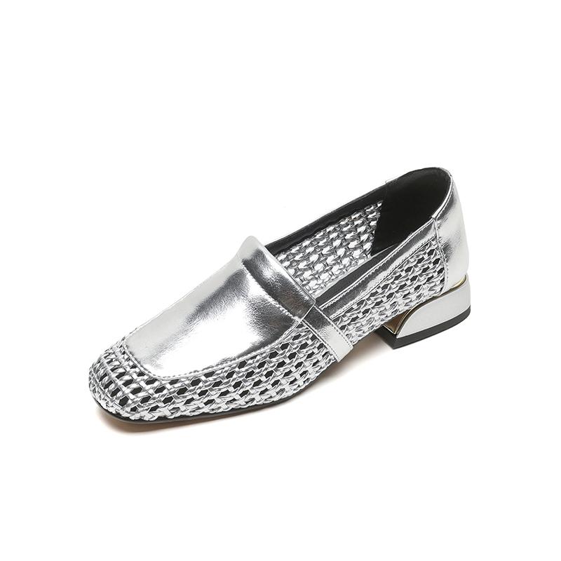 Fashion NEW Spring/Autumn Women Loafers Square Toe Low Heel Shoes Genuine Leather Shoes for Women Soft Slip-on Women Pumps Weave Shoes