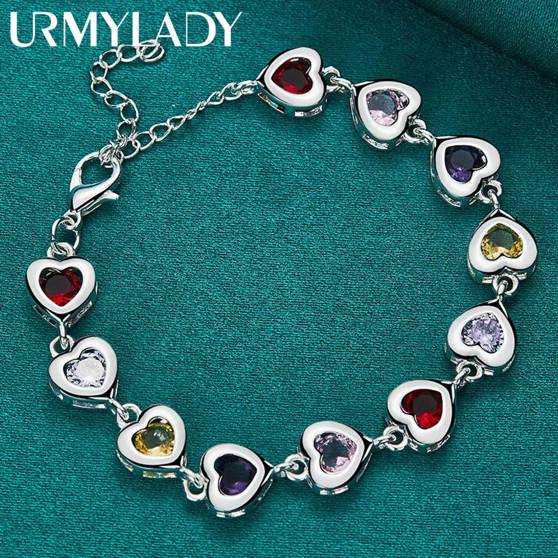 925 Sterling Silver Heart Zircon Chain Bracelet Fashion Jewelry MB242