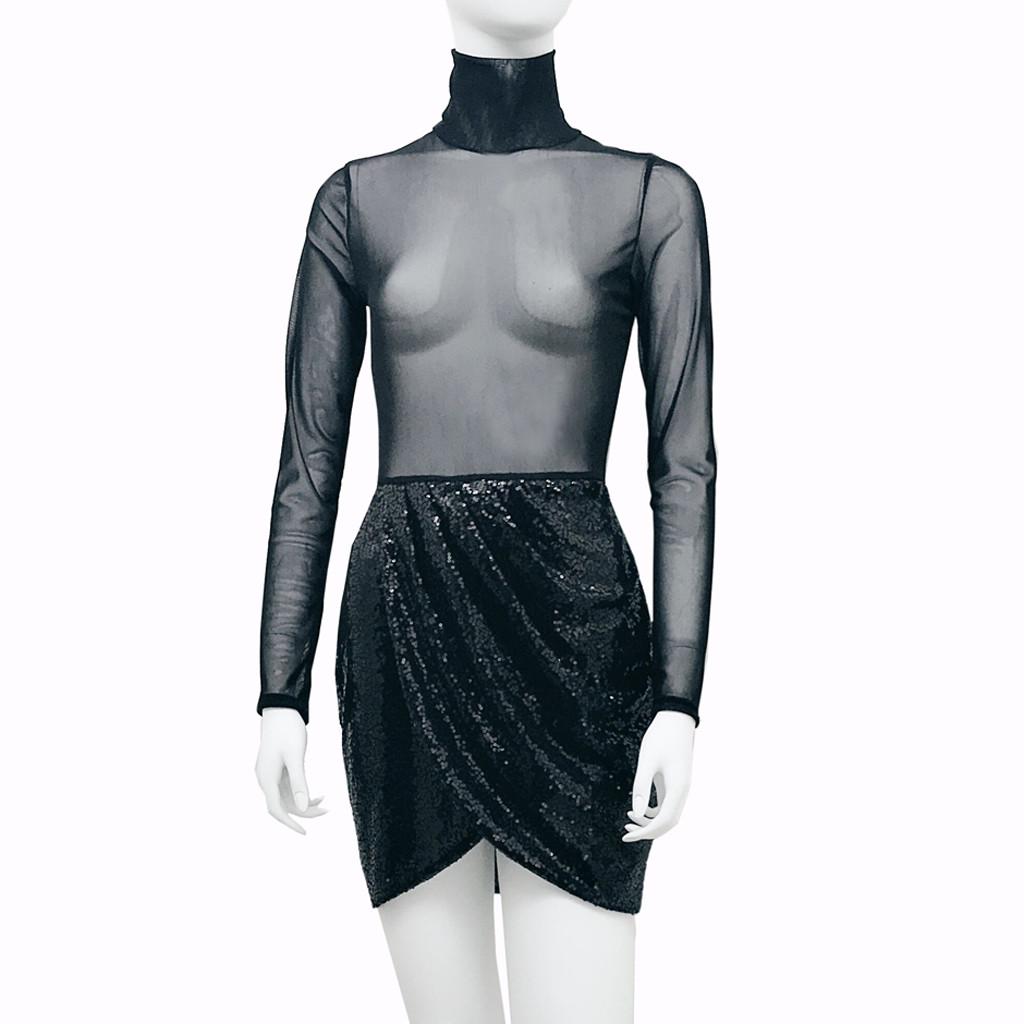 Damenmode Mesh Party Clubwear Pailletten Transparentes Sexy Rollkragenkleid