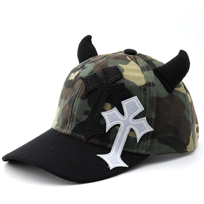 Freedom Outdoors Women's Pink Cross Patch Camouflage Horn Devil Baseball Cap Hot Girl Yabi Style Stylish Hip Hop Peaked Cap Cm