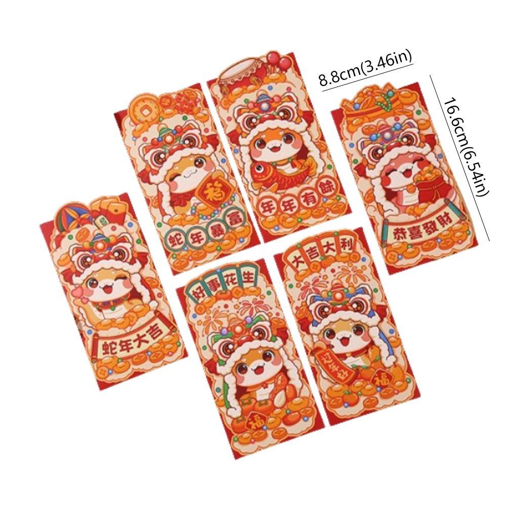 6pcs Traditional 2025 Snake Year Red Envelopes Cartoon Good Lucky Red Packets  Lunar New Year Gifts