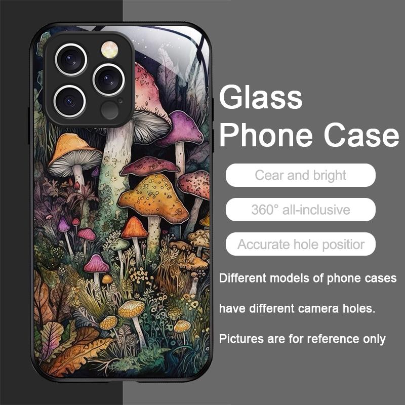 Kreatywne etui na telefon ze szkła hartowanego z wzorem grzybów dla iPhone 17 16 Pro Max 15 14 13 12 Mini 11 X XS 7 8 Plus Pokrowiec