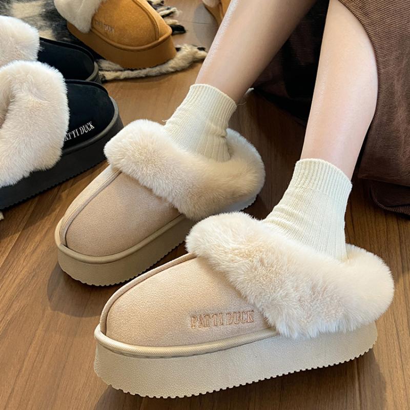 Fashion 2024 Winter Platform Plush Slippers for Women Warm Fluffy Faux Fur Snow Boots Woman Non Slip Sole Cotton Padded Shoes Mujer