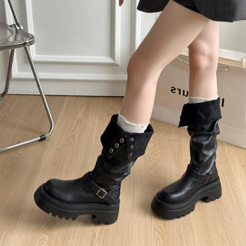Black British Style Thick-soled Heightening Martin Boots Women's 2025 New Summer Thin Stacking Long Knight Boots