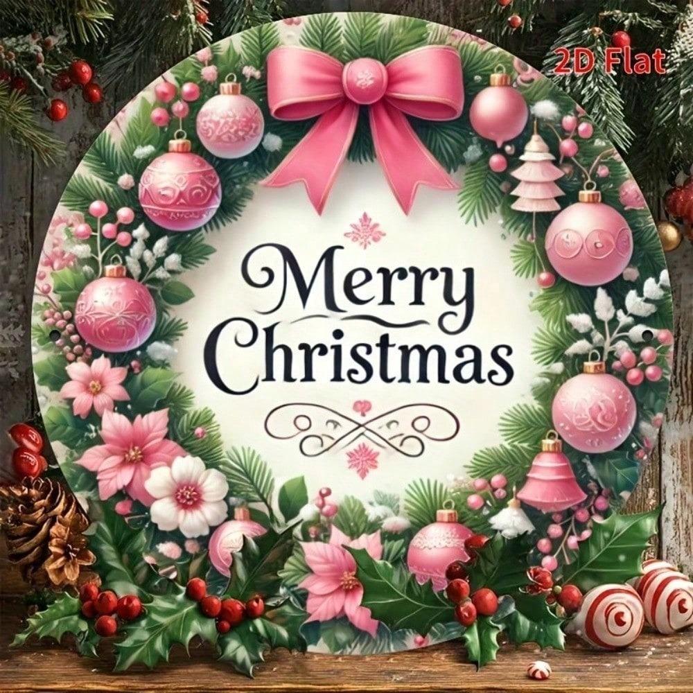 Vintage 8x8 Inch Christmas Wreath Tin Sign, Pink Retro Floral Metal Wall Art Decor for Home Bar Cafe