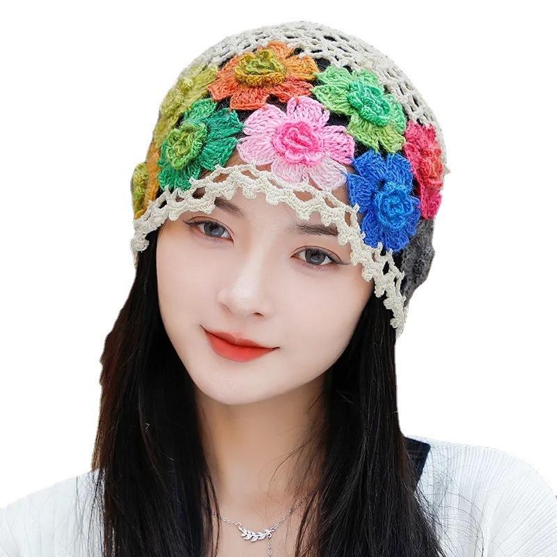 Spring and Autumn Handmade Hat Women's Pull Only Handmade Crocheted All Match Knitted Hat Women's Hollow Crocheted Wool Hat