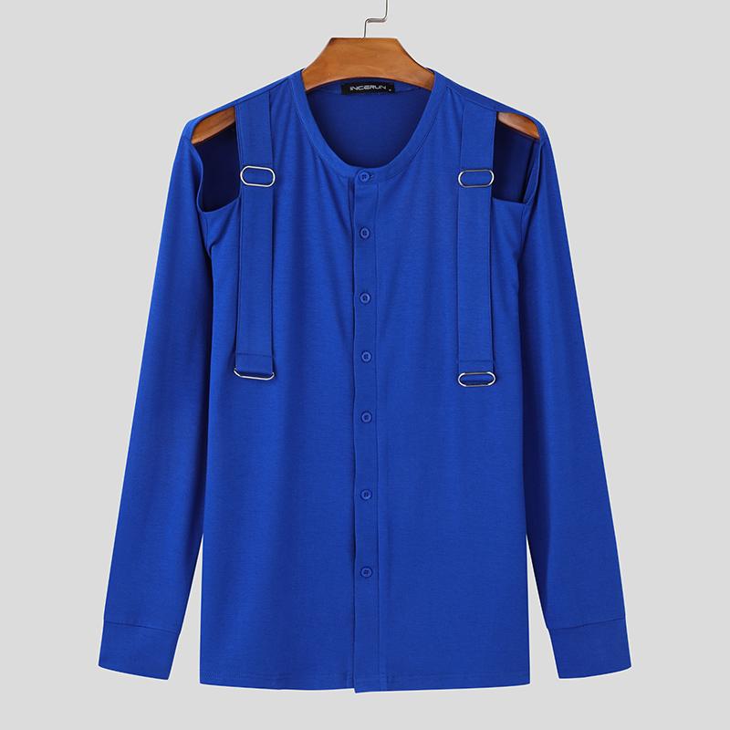 INCERUN Men's Cutout Long Sleeve Strap Patchwork Buttons Casual T-shirts Tops Undershirts