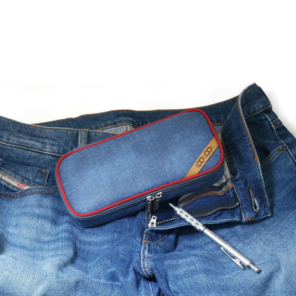 LOONLOON 672 Jeans Pencil Case Indigo Blue Large Capacity Stylish Denim Two-story Multi-functional