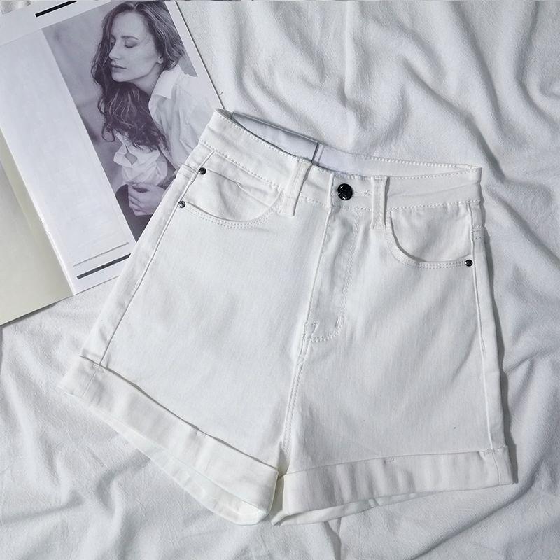 Summer High Waist Stretchy Denim Shorts Pants Women Fashion Light Color Tight Fit Rolled Hem