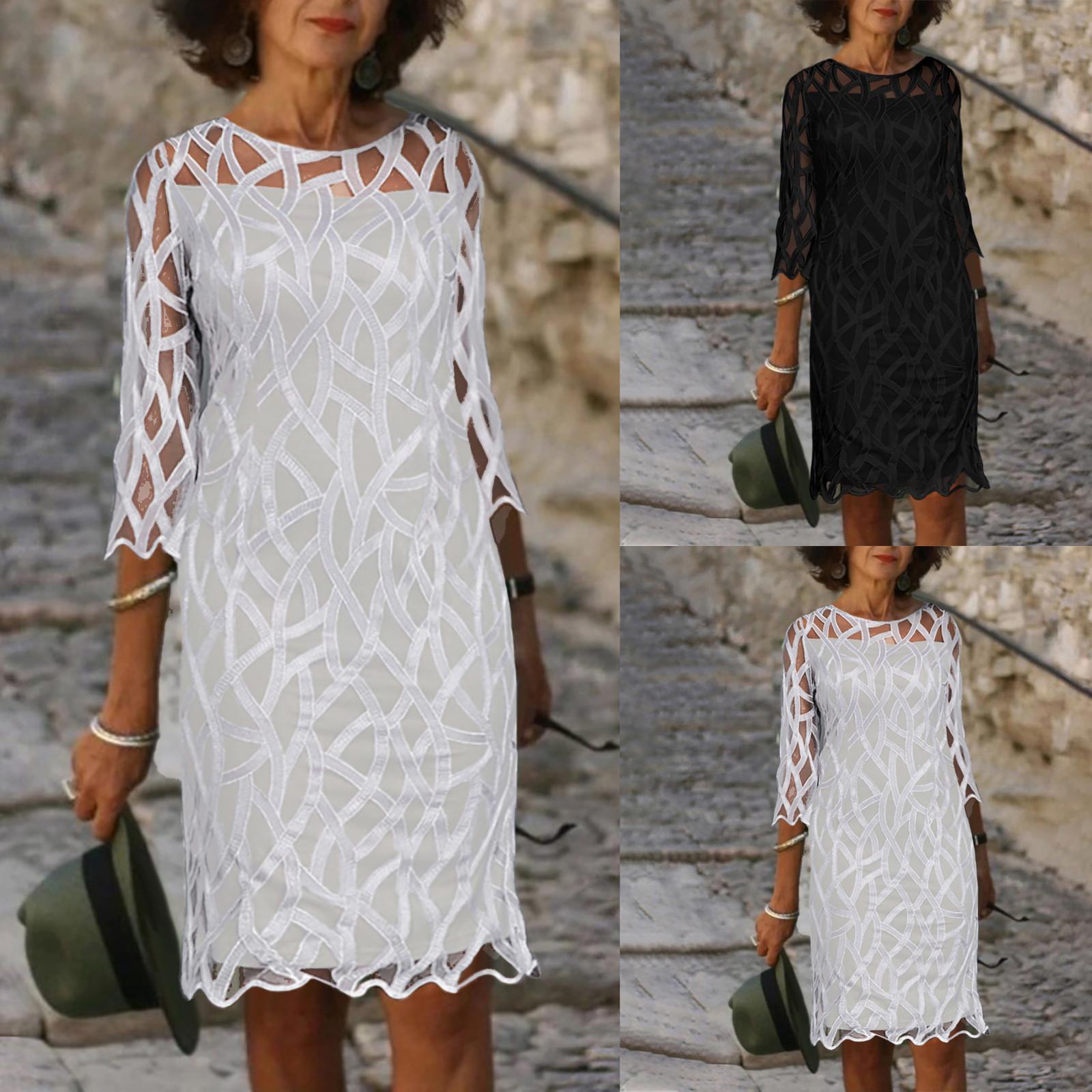 

Женское летнее модное повседневное однотонное ажурное кружевное платье с круглым вырезом и половиной рукавов на молнии сзади