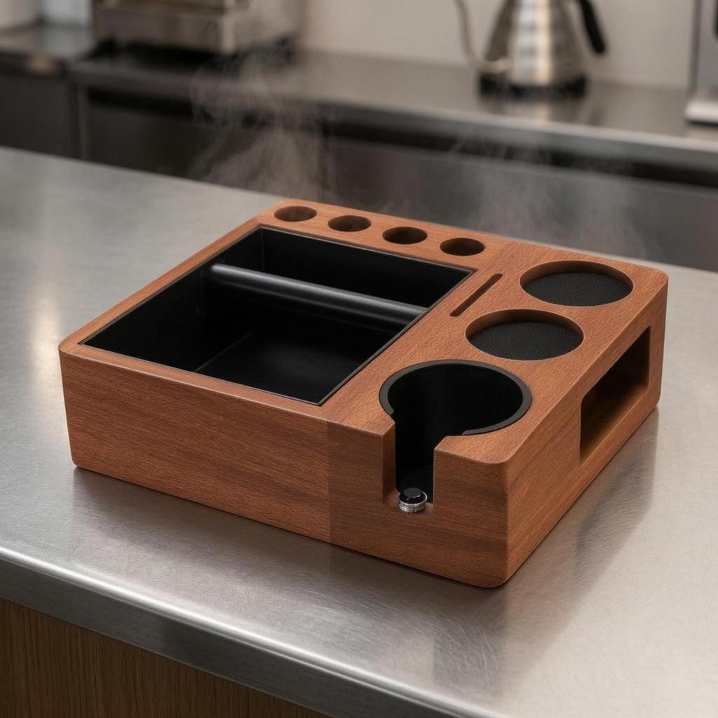 Coffee Pressing Station Recessed Compartment Espresso Tool Organizer Polished
