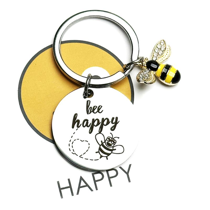 1Pcs Stainless Steel Bee Round Brand Keychain Backpack Car Key Accessories Decoration
