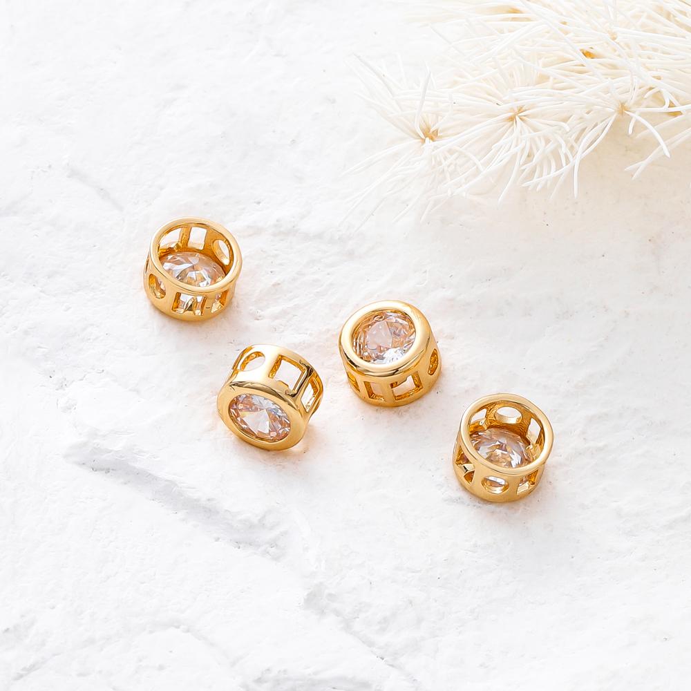 2/4/6Pcs 18K Gold Plated Rhinestone Round Beads Brass Metal Cubic Zirconia Spacer Beads DIY Jewelry Making Accessories