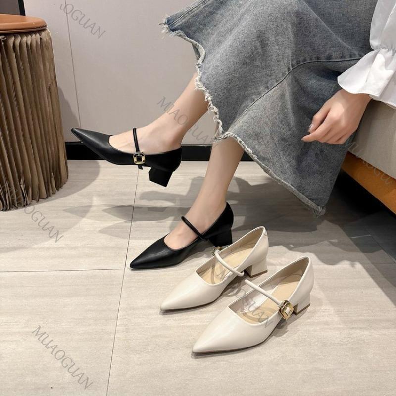 Fashion Spring Autumn New Pointed Single Shoes Women Thick Middle Heel Shallow Mouth Pumps Elegant Solid Belt Buckle Heels for Women