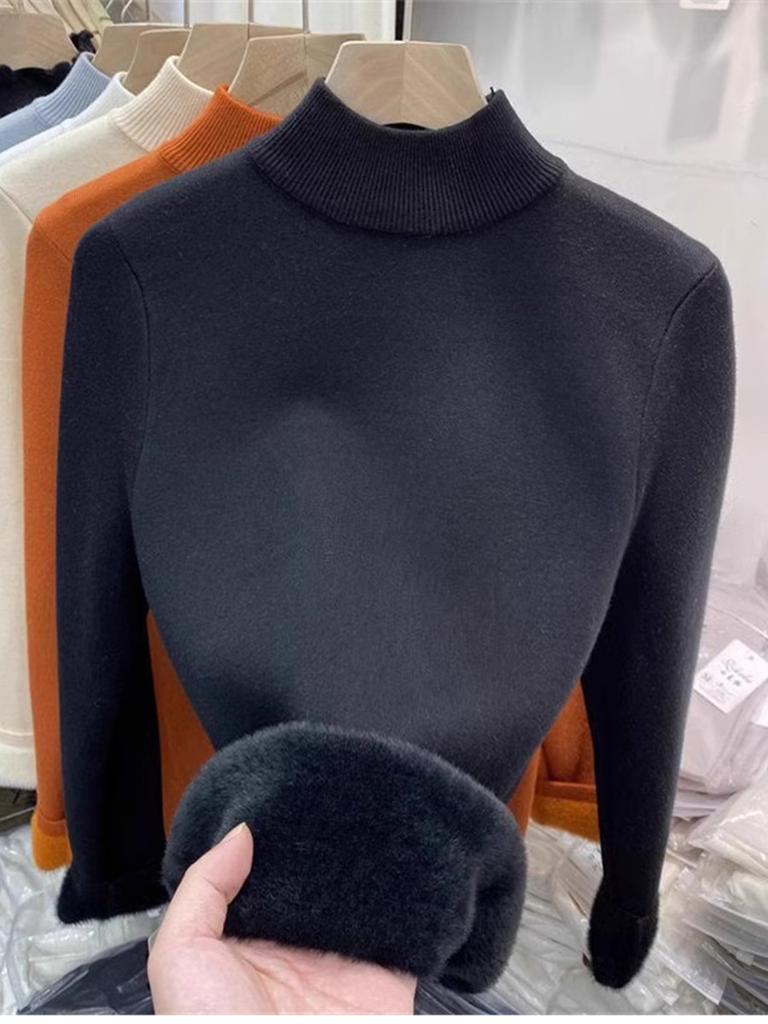 High-end Small Stand-up Collar Stacked To Wear an Integrated Fleece Sweater for Women's Autumn and Winter Basic Milk Ruffle Bottomed Knitted 