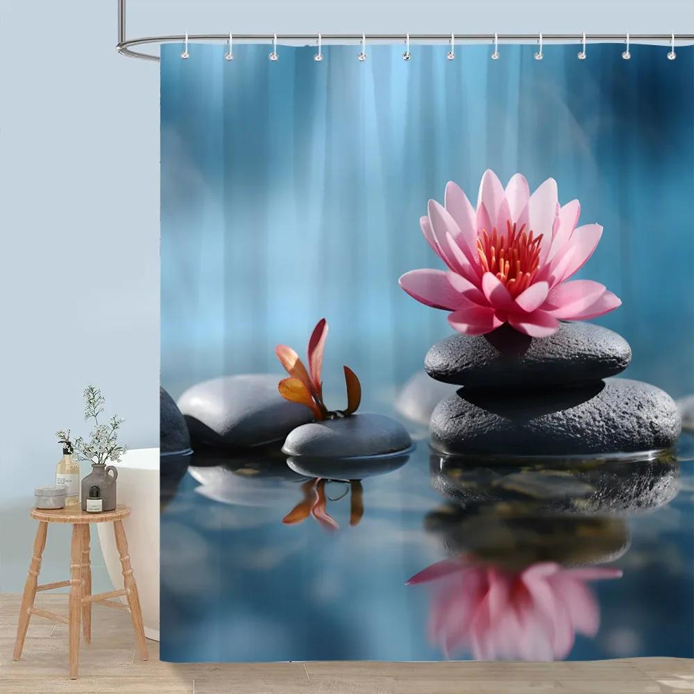 Hübscher Blumiger Duschvorhang Blühende Blume Schmetterling Lotus Polyesterstoff Heim-Duschvorhänge Badezimmer Dekoration Mit Haken