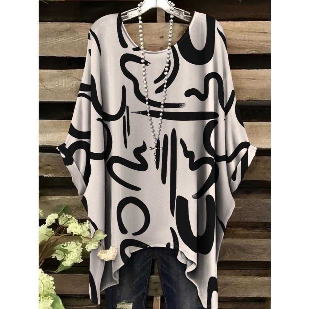 Minimalist Striped Pattern Print Irregular Hem Round Neck Short Sleeved Top for Women Temperment Casual Style Outdoor Vacation