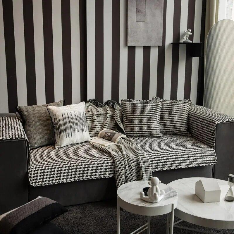 Nordic Black White Plaid Sofa Covers Cotton Soft Cushion Case Modern Four Seasons Non-slip Sofas Towel L-shaped Home Protective
