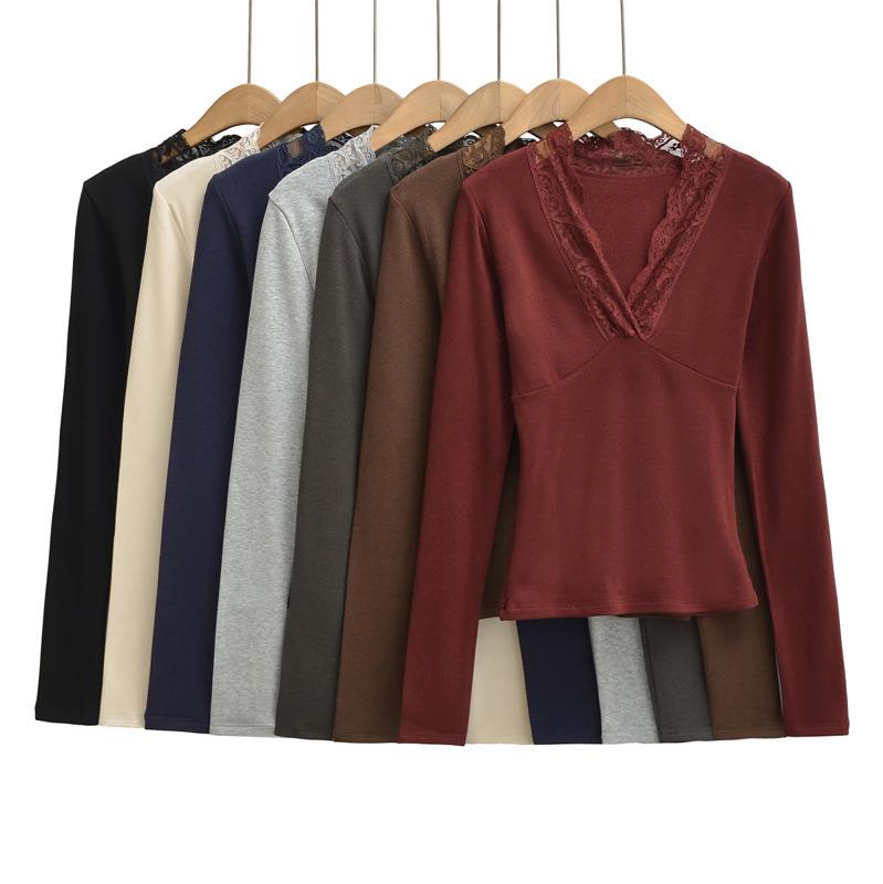 Korean Style Lace Trim V-Neck Slim-Fit Fleece Long Sleeve Women's Top