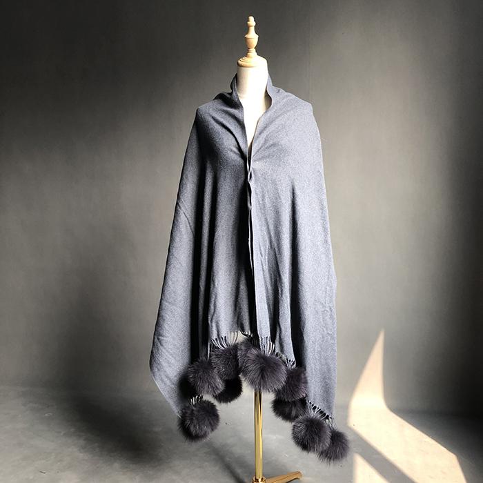 Factory Direct Pashmina Shawl Women Cashmere Scarf Shawl With Fox Fur Pompoms