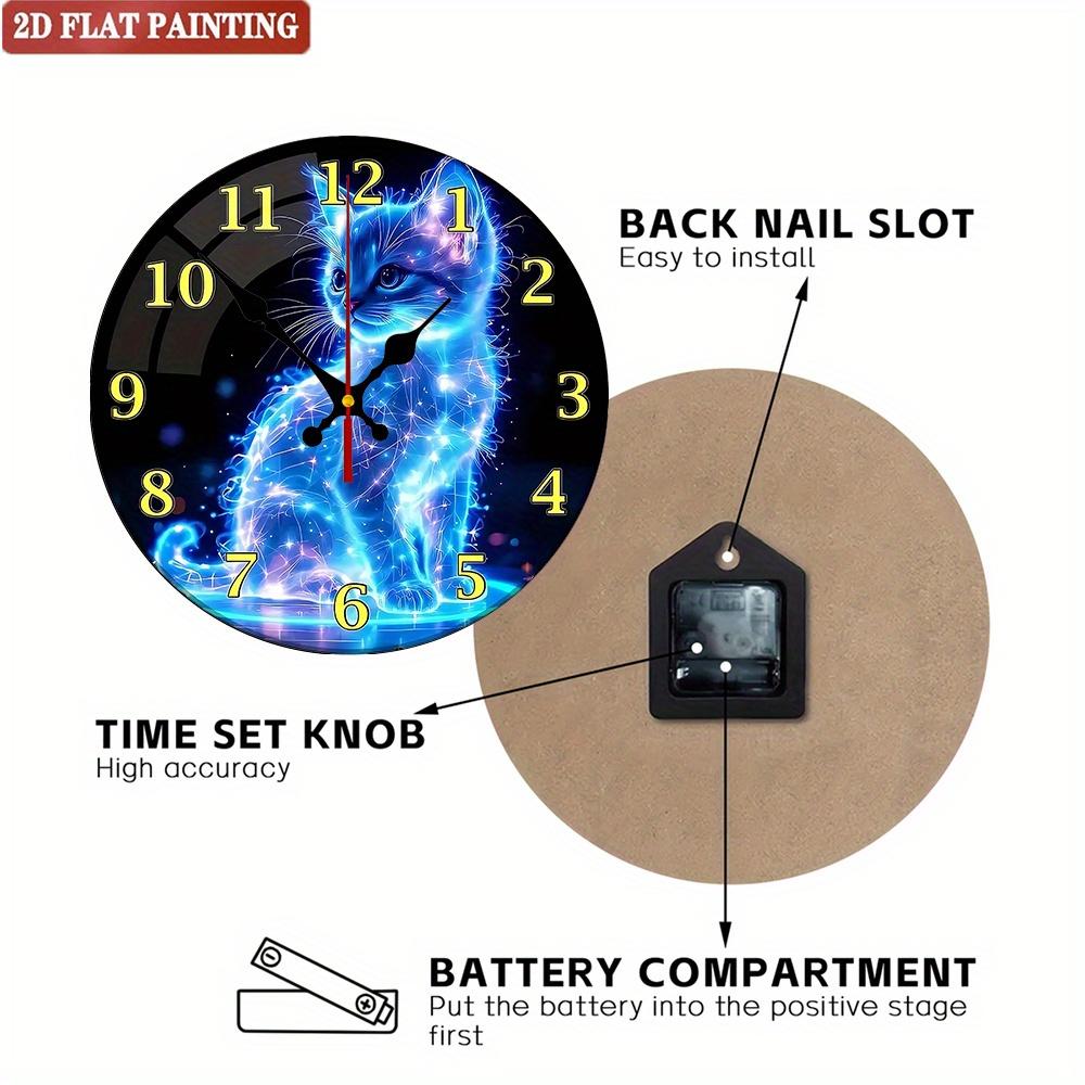 Neon Cat Wall Clock. Blue galaxy kitten design for home or kitchen. A perfect gift.