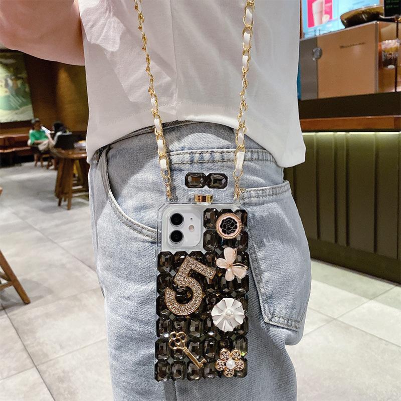 Full Diamond Perfume Bottle Phone Case for IPhone17Promax Crossbody Cord for Apple 16 Flower Key Luxury 14