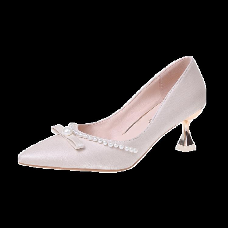 High heels women's new pointed stilettos pearl satin light mouth single shoes women