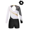 Girls Long Sleeve Shiny Rhinestones Patchwork Leotard V Front Waistband Shorts Hair Band Gymnastics Performance Set