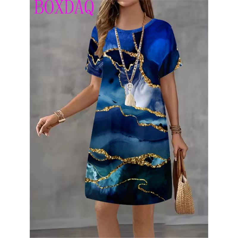 Alphabet Music Symbols Patterns Women Dress Summer Loose Casual Gradient Stripe Print Mini Dress Woman Short Sleeve A-Line Dress